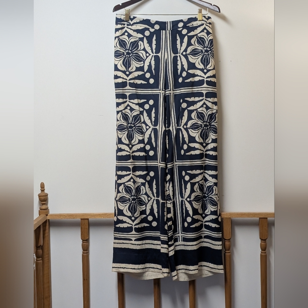 Navy and White Floral Maxi Linen Pants